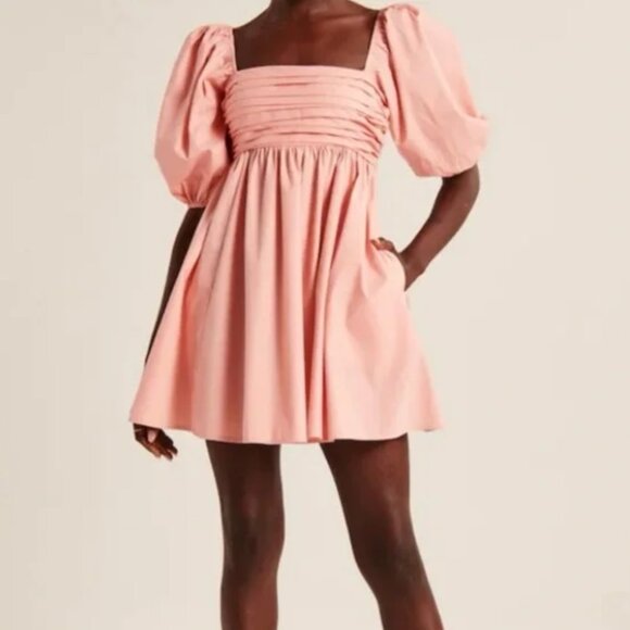 Abercrombie & Fitch Pink Puff Sleeve Babydoll Mini Dress Large Petite Romantic - Picture 6 of 14
